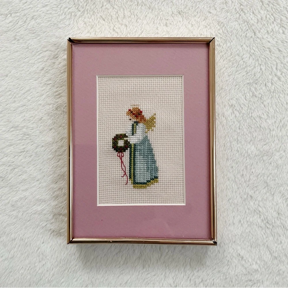 1987 Told in a Garden Christmas Angel Cross Stitch, Framed 5x7 Art Vintage